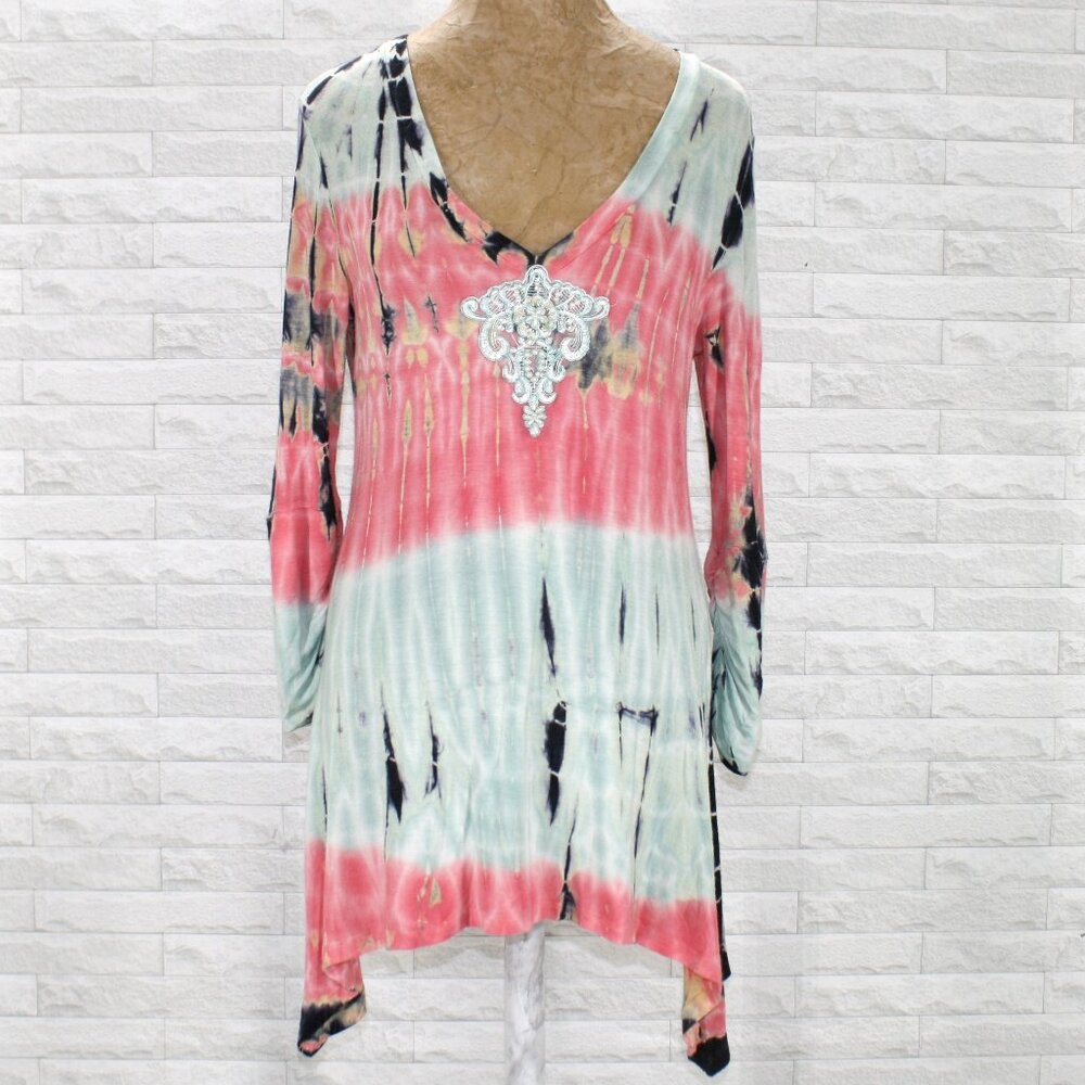 NATURE ART Tunic Boho Tie Dye Stripe Lace Applique Festival Long Sleeve Pink Sm